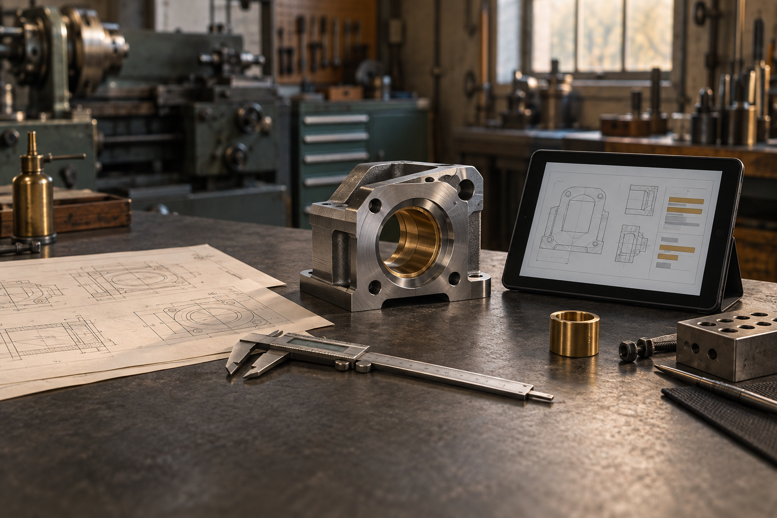 KI-generierte Werkstattszene mit technischem Zeichnungsblatt, gefrästem Metallbauteil, Messschieber und Tablet zur Dokumentenklassifikation